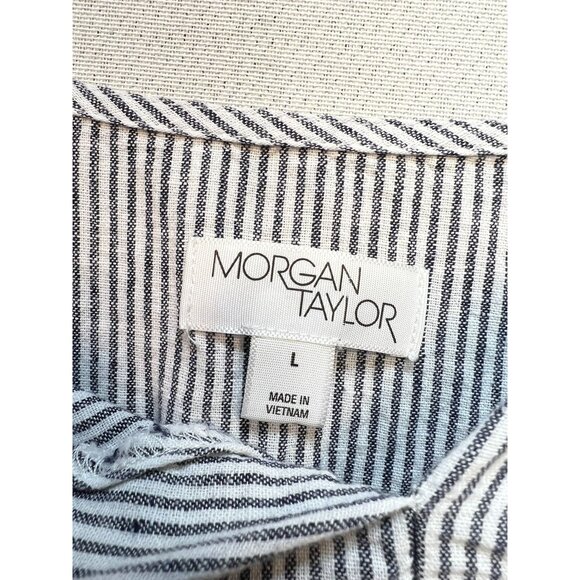 Morgan Taylor Women V Neck Linen Smocked Top Short Sleeve Sz L White Gray Stripe - Picture 3 of 11